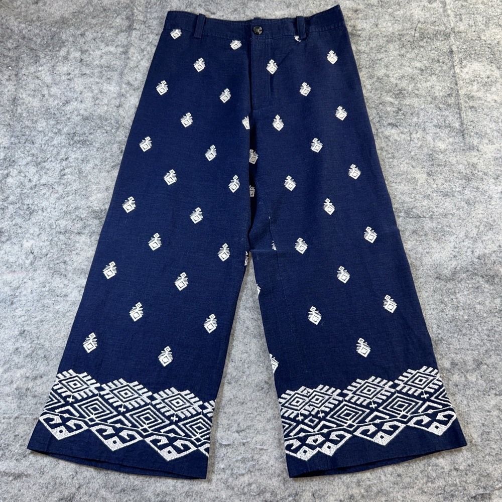 Zara Embroidered Wide Leg Pants Women's Large Blue Coastal Boho‎ Linen Blend